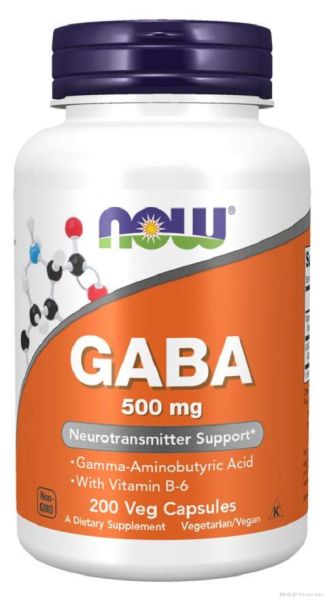 ГАБА (Гама аминомаслена киселина, ГАМК) 500 мг х 200 капсули Now Foods | GABA + B6