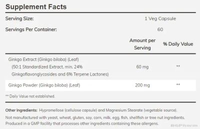 Гинко Билоба екстракт 60 мг х 60 капсули Now Foods | Ginkgo Biloba