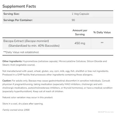 Бакопа мониери (Брахми) екстракт 450 мг х 90 капсули Now Foods | Bacopa