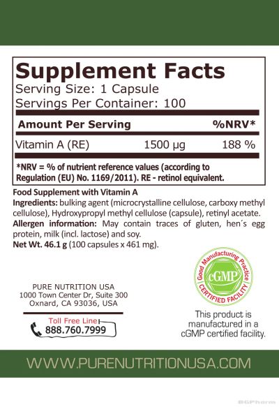 Витамин А 5000 IU 1500 мкг х 100 капсули Pure Nutrition | Vitamin A
