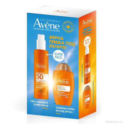 Авен СЪН SPF50+ Слънцезащитен спрей + Слънцезащитен тониран ултра флуид ПРОМО ПАКЕТ | Avene Sun