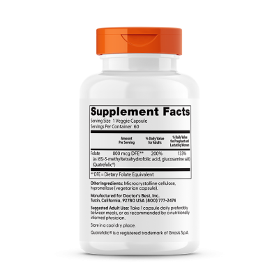Фолат 800 мкг х 60 капсули ДОКТОР'С БЕСТ | Doctor's Best Fully Active Folate