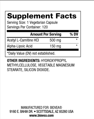 Ацетил Л-Карнитин + Алфа Липоева Киселина х 120 капсули Biovea | Acetyl L-Carnitine + Alpha Lipoic Acid