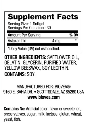 Астаксантин 4 мг х 30 капсули Biovea | Astaxanthin